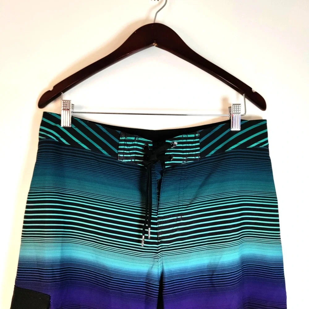 Hang Ten Board Ombre‎ Striped Tropical Lined Aloha Swim Surfboard Shorts Men 32